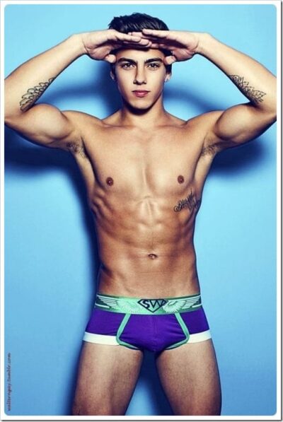 Toned and Tattooed in Purple Trunk Briefs