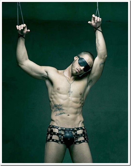 Hot muscle boy tied up in leather strap bondage briefs