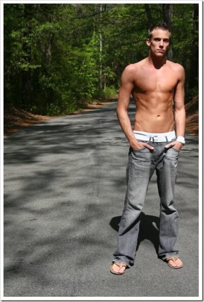Shirtless Boy with Flip-flops and Jeans
