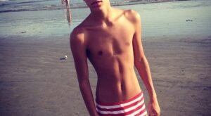 Where’s Waldo? Twink in Striped Square Cut Swim Trunks