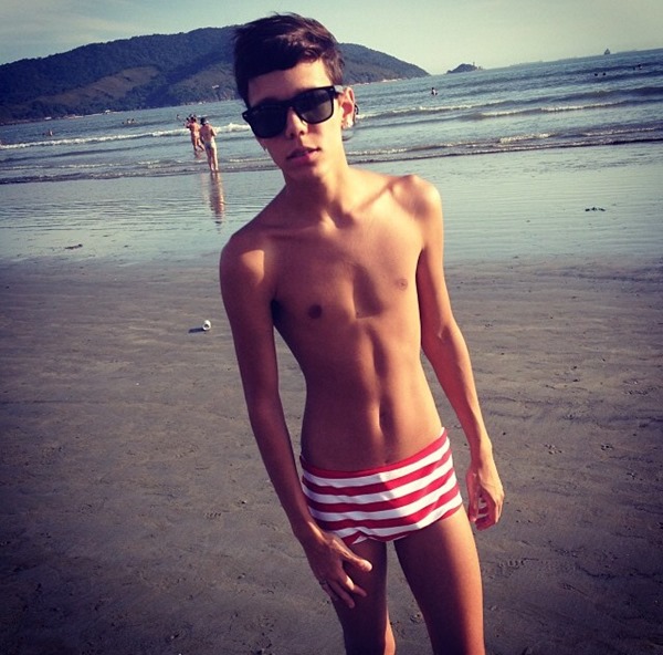 Where's Waldo? Twink in Striped Square Cut Swim Trunks