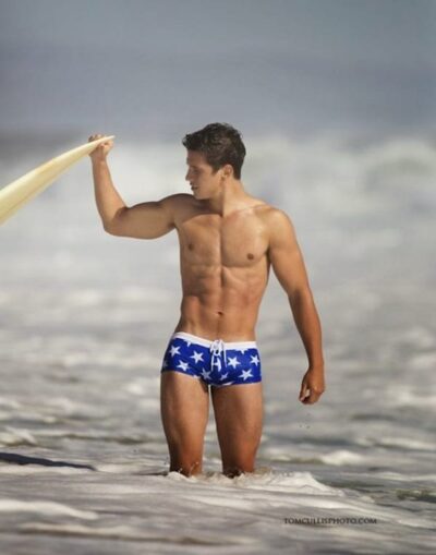 Surfs Up! Surfer Stud In Blue Star Swim Trunks