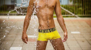 Getting Wet in Yellow Calvin Klein Square Cut Briefs