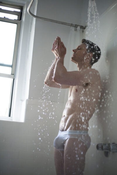 Wet Shower Bulge in Tighty Whities Briefs
