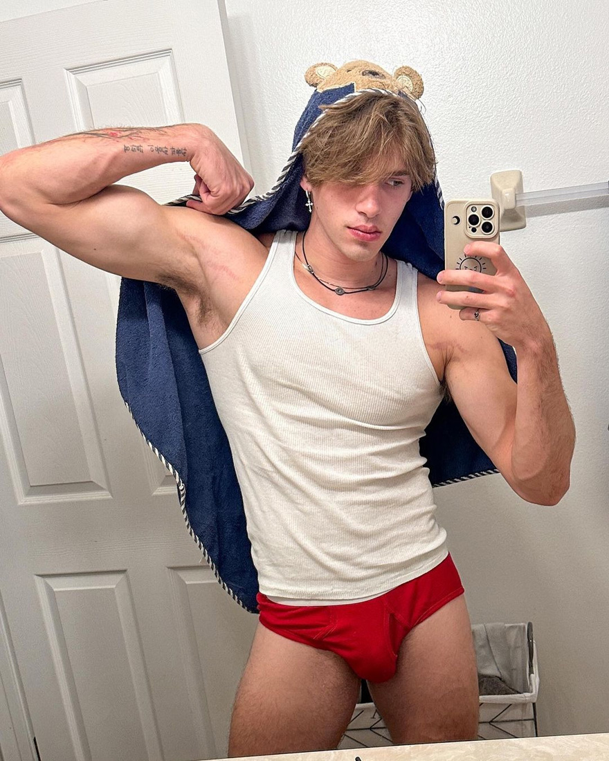Flexing with a Big Red Briefs Bulge