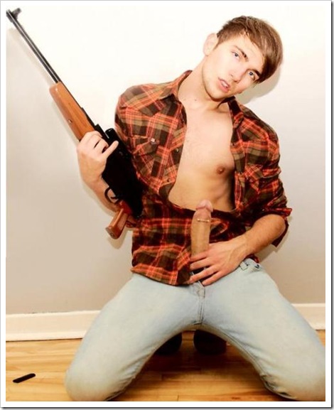 cute boy with a gun and huge cock
